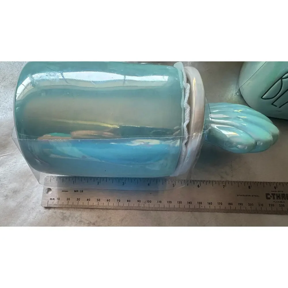 Rae Dunn Iridescent aqua / teal 'Aloha Beaches' XL Mug w/ Shell Lid